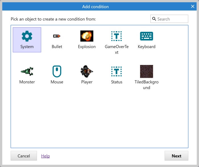 Picking an object in the condition/action dialog